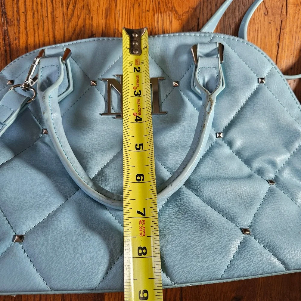 Badgley Mischka Blue Quilted Dome Satchel‎ Crossbody Studded Handbag Vegan
